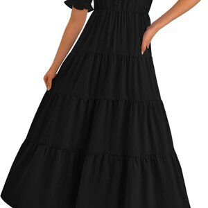Women's Summer Casual Short Sleeve V Neck Midi Dresses 2025 Spring A-line Tiered